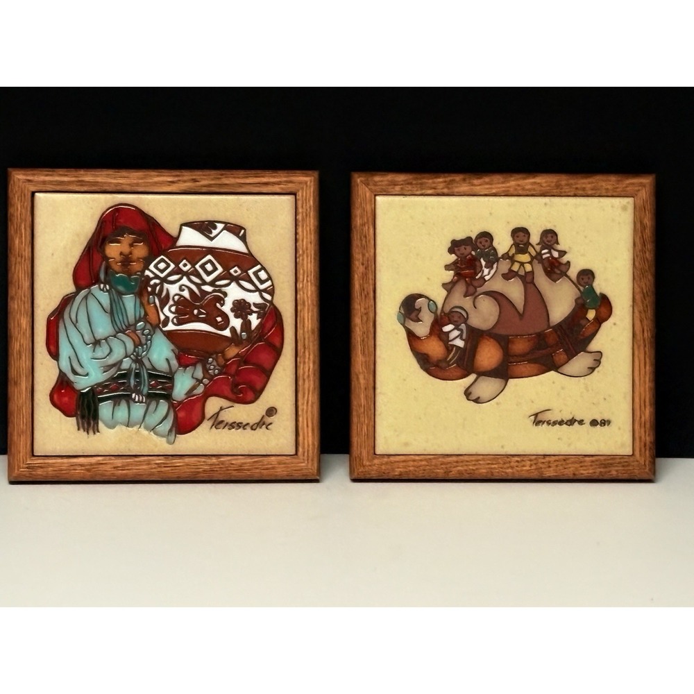 Cleo Teissedre Signed Decorative Art Tiles Framed Southwest‎ Pottery & Turtle